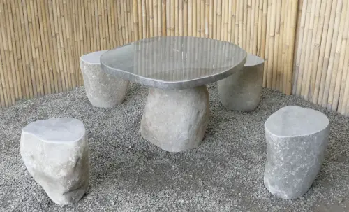 Product image of the product “1 Set Table and 4 Stool. Made from Naturestone Riverstone. Table size 99 x 91 x 68cm, with 5cm thickness of the table. Stool Size approx. 45 x 34 x 45cm. ”